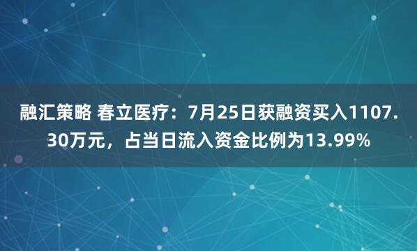 融汇策略 春立医疗：7月25日获融资买入1107.30万元，占当日流入资金比例为13.99%